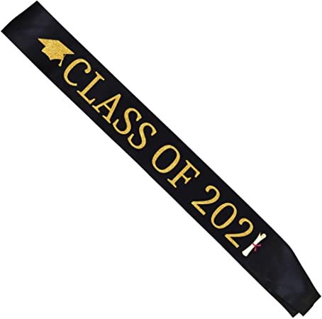 Black “Class of 2021” Graduation Sash | Gold Glitter Letter Graduate Satin Sash | Funny Graduation Gifts for Boy or Girl| 2021 Graduation Celebration Party Supplies