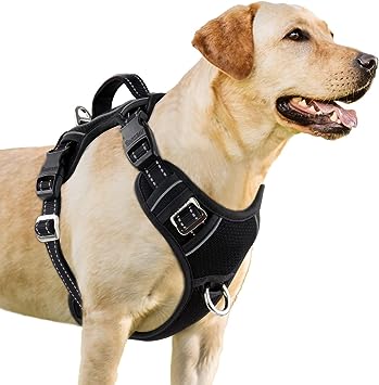 BARKBAY No Pull Dog Harness 3 Buckles Large Step in Reflective Dog Harness with Front Clip and Easy Control Handle for Walking Training Running with ID tag Pocket(Black,XL)