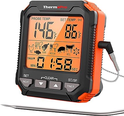 ThermoPro TP716 Meat Thermometer Digital for Grilling, Kitchen Cooking Food Thermometer with Timer and Backlight, Meat Temperature Probe Thermometer for Oven, Grill, BBQ and Smoker