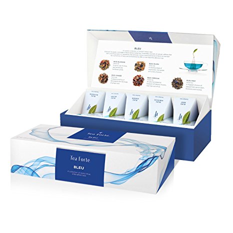 Tea Forté BLEU Petite Presentation Box Tea Sampler, Assorted Variety Tea Box, 10 Handcrafted Pyramid Tea Infuser Bags – Blue Herbal Tea