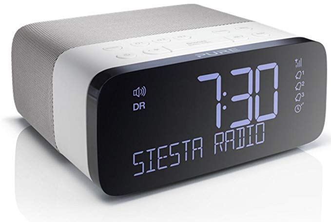 Pure Siesta Rise DAB  Alarm Clock Digital Radio with FM and USB Mobile Charging, 3 Radio or Tone Alarms, Sleep and Snooze timers, Auto-Dimming, White/Black