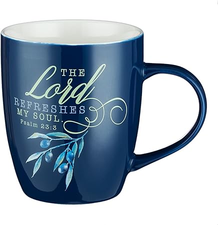 Christian Art Gifts Navy Blue Floral Ceramic Scripture Coffee & Tea Mug for Women: The Lord Refreshes My Soul - Ps. 23:3 Inspirational Bible Verse w/Olive Branch, Microwave/Dishwasher Safe, 13 oz.