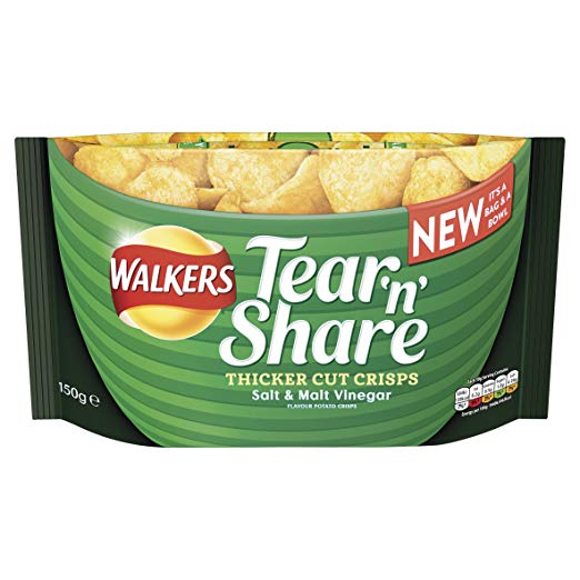 Walkers Tear & Share Salt and Vinegar Thicker Cut Crisps, 150 g, Pack of 6