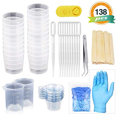 LET'S RESIN Mixing Cups Epoxy Resin Cups with Sticks Kit - 2pcs 100ml Measuring Cups, 20pcs 2oz Graduated Cups,50pcs Disposable Cups with Mixing Sticks,Dropping Pipette & Gloves for Resin, Paint