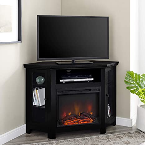 WE Furniture 48" Black Wood Corner Fireplace TV Stand Console for Flat Screen TV's Up to 48" Entertainment Center