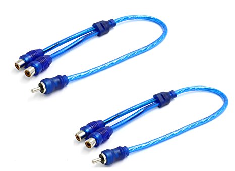 iExcell 2 Pcs Male to 2 Female RCA Speaker Splitter Cable Adapter Blue 12", Shielded