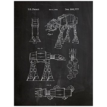 Inked and Screened Star Wars AT-AT Design Patent Art Poster Silk Screen Print, 18" W x 24" L, Chalkboard