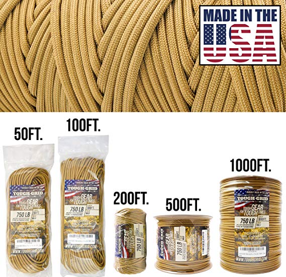 TOUGH-GRID 750lb Paracord/Parachute Cord - Genuine Mil Spec Type IV 750lb Paracord Used by the US Military (MIl-C-5040-H) - 100% Nylon - Made In The USA.