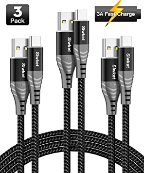 3 Packs USB C Cables, (2x3.3ft/6.6ft) Type C 3A Fast Charging Cable, Double-layers Nylon Braided Aluminum Alloy USB Type C Data Cord for Samsung Galaxy S10 S10e S8 Plus Note 9 8,LG G5 G6 V2 V30,Motorola G6 Plus/ G7,Google Pixel 2/2XL,Nintendo Switch(Black)