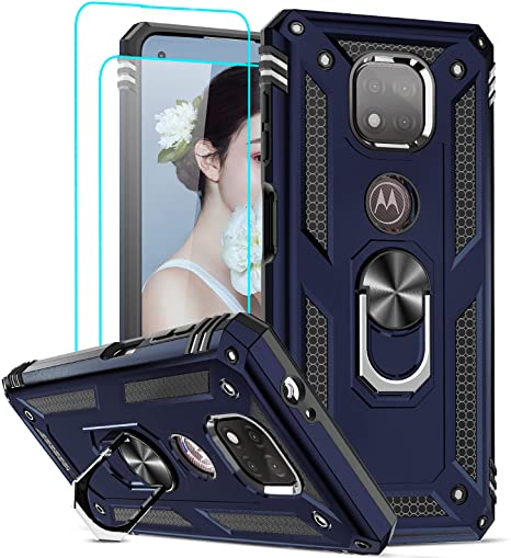 Motorola Moto G Power 2021 Case (Not Fit 2020) with [2 Pack] Tempered Glass Screen Protector, LeYi [Military-Grade] Shockproof Protective Phone Cover with Ring Kickstand for Moto G Power 2021, Blue