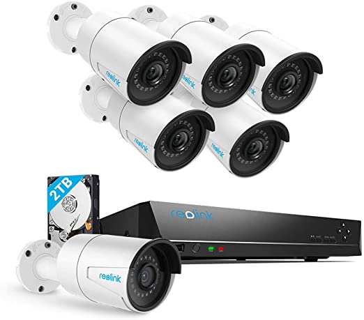 Security Camera System PoE 4K 8 Channel NVR Kit, with 6pcs Bullet 5MP PoE Cameras, 2TB Hard Drive Included for 24/7 Surveillance Home Security, RLK8-410B6-5MP