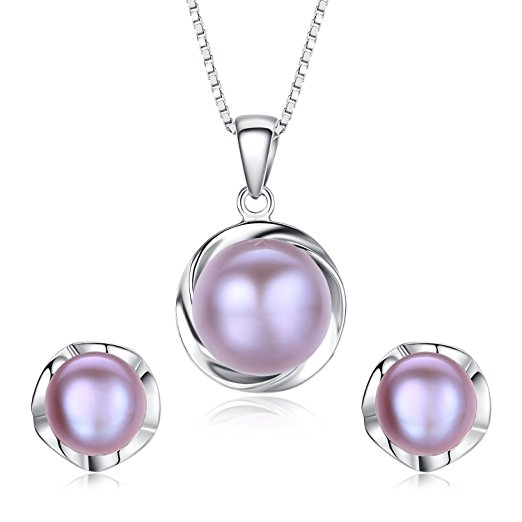 Stunning Flawless Pearl Stud Earrings & Silver Chain Pendant Set| Impeccable Quality Natural, Flawless Freshwater Pearl & 925 Sterling Silver| The Most Unique Fashion Jewelry Set (3 | Purple Pearls)
