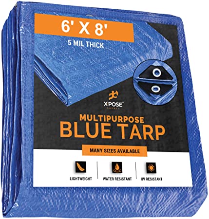Xpose Safety Better Blue Poly Tarp 6' x 8' - Multipurpose Protective Cover - Lightweight, Durable, Waterproof, Weather Proof - 5 Mil Thick Polyethylene