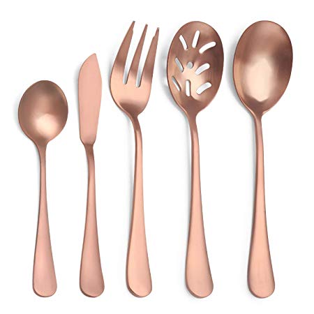 Matte Rose Gold Serving Set，SHARECOOK 5-Piece 18/0 Stainless Steel Large Hostess Set with Round Edge, Satin Finished, Dishwasher Safe -Spoons, Forks,Butter Knife& Slotted Spoon