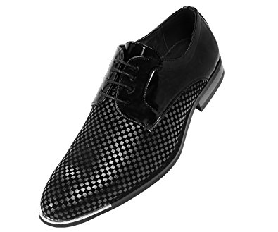 Amali Mens Patent Checkerboard Print Oxford with Metal Tip, Lace up Tuxedo Dress Shoe, Style Winslow