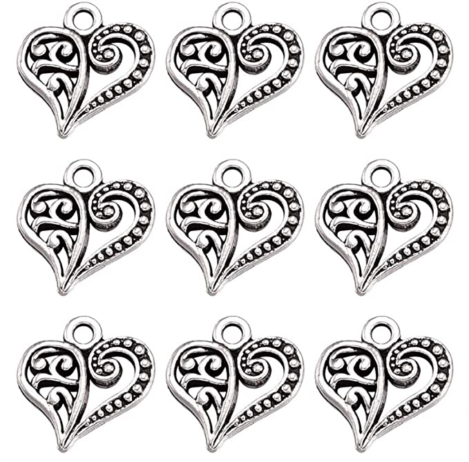 50pcs Antique Silver Filigree Love Heart Charms Tibetan Alloy Floating Pendants 14x13mm for DIY Crafts Jewelry Making