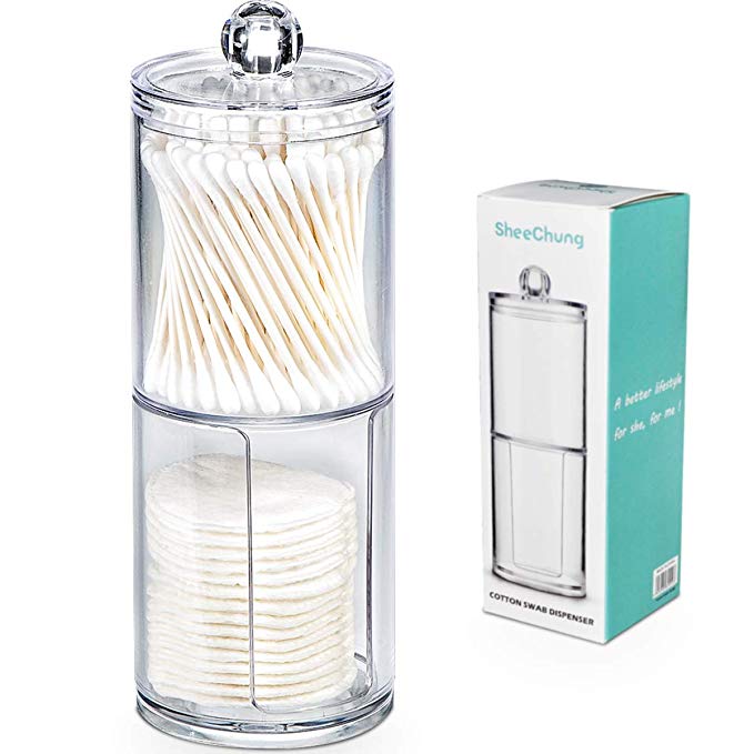 SheeChung Qtip Holder Dispenser Set - Apothecary Jars Bathroom Clear Plastic Acrylic for Cotton Balls,Cotton Swabs,Q-Tips,Cotton Rounds,Makeup Pads Storage Canister