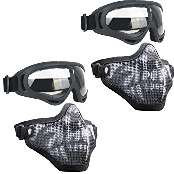 Airsoft Masks - Adjustable Half Metal Steel Mesh Face Mask And UV400 Goggles Set For Hunting, Paintball, Shooting