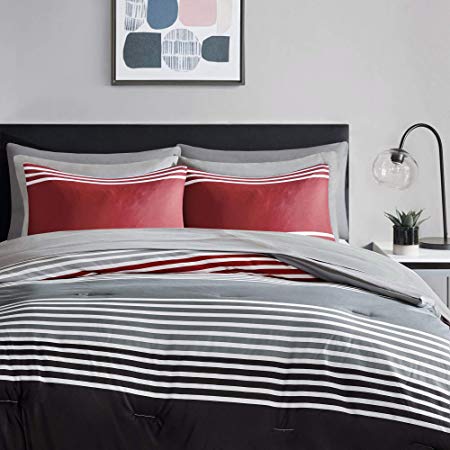 Comfort Spaces Colin 6 Piece Comforter Set All Season Microfiber Stripe Printed Bedding and Sheet with Two Side Pockets, Twin XL, Red/Grey