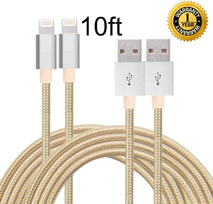 IFaxnn 2pcs 10FT Lightning Cable Popular Nylon Braided Charing Cable Extra Long USB Cord for iphone 6s 6s plus 6plus 65s 5c 5iPad Mini AiriPad5iPod on iOS9whitegold