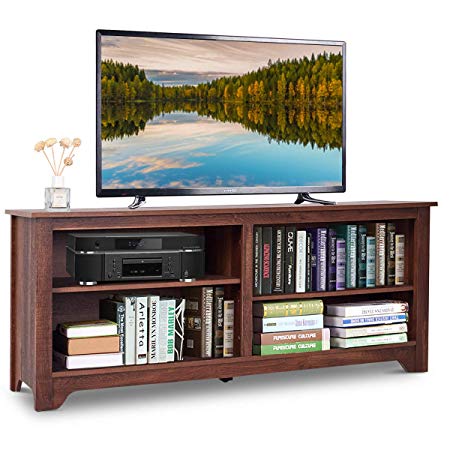Tangkula 58” TV Stand Modern Home Furniture Living Room Wood Storage Console Entertainment Center for TV up to 60" with 4 Open Storage Shelves
