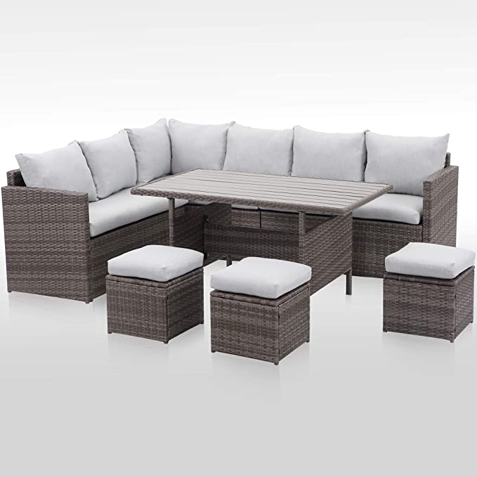 Wisteria Lane Patio Furniture Set, Outdoor 7 Pieces Sectional Sofa Couch, All Weather Upgraded Wicker Dining Table and Chair with Ottoman, Improved Light Grey Cushion