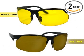 Set Of 2 HD Driving Glasses By Knight Visor® - Yellow Lens Night Vision Glasses & Copper Lens Day Time Driving Glasses Perfect For Hunting, Fishing, Cycling & Hiking - INCLUDING CAR CLIP HOLDER