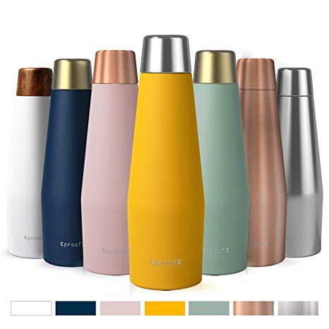 Proof Vacuum Insulated Water Bottle. Made with 316 Medical Grade Stainless Steel, 18 oz. Keeps Cold for 24 Hours and Hot for 12 Hours. Copper Free. BPA Free. Available in 7 Stylish Colors