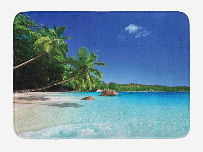 Ambesonne Ocean Bath Mat, Sunny Horizon Skyline Water Isolated Beach at Prislin Island, Plush Bathroom Decor Mat with Non Slip Backing, 29.5" X 17.5", Ivory Blue