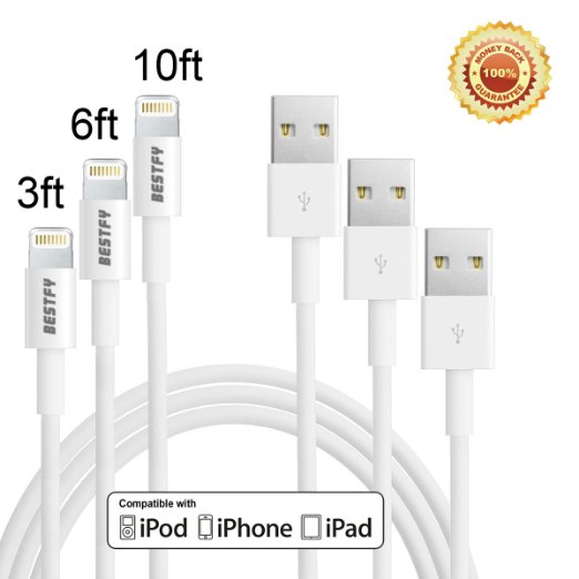 BestfyTM3Pack 3FT 6FT 10FT 3IN1Extremely Durable 8Pin to USB Power Cable Cord Wire for iPhone 66 Plus55c5s iPad 4 Mini Air iPod Nano 7 iPod Touch 5 White