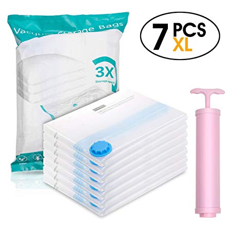 Space Saver Bags Jumbo Size 7 Pack 40 X 31 Inch Thick PA Plus PA Anti Microbial Material Anti ReInflate Double Sealed and Airtight Vacuum Storage Bags with Hand Air Pump