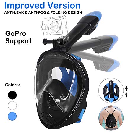 Snorkel Mask,180 Degree Viewing Diving Mask Full Face Free Breathing Design Anti-fog and Anti-leak Technology with GoPro Camera Mount