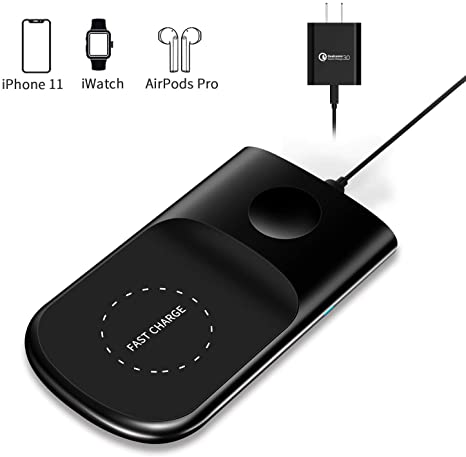 Wireless Charger for iPhone, 2 in 1 Wireless Charging Pad for Apple Watch Series 5/4/3/2,10W Fast Charging Station for iPhone 11/11 Pro Max/XR/XS Max/XS/X/8/8P, Airpods 2/Pro (with Adapter)