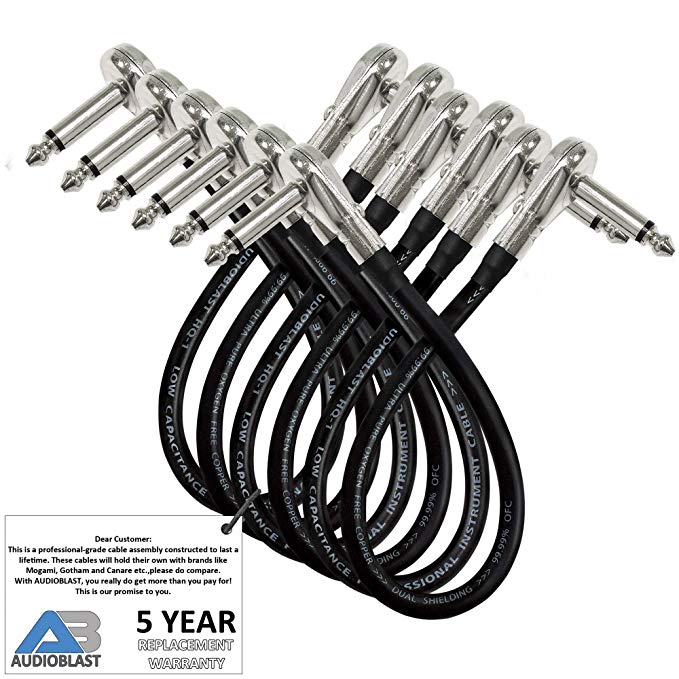6 Units - 12 Inch - Audioblast HQ-1 - Ultra Flexible - Dual Shielded (100%) - Instrument Effects Pedal Patch Cable w/ ¼ inch (6.35mm) Low-Profile, R/A Pancake Type TS Connectors & Dual Staggered Boots