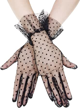 PENTA ANGEL Short Lace Gloves 1960s Vintage Classy Polka Dot Tea Party Mesh Gloves for Bridal Women Wedding Halloween Costume