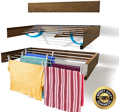 Step Up Laundry Drying Rack - Wall Mounted - Retractable - Clothes Drying Rack Collapsible Folding Indoor or Outdoor – Space Saver Compact Sleek Design, 60lbs Capacity, 20 Linear Ft (Wood Look)