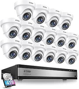 ZOSI H.265  1080p 16 Channel Security Camera System Indoor Outdoor, 16CH CCTV Surveillance DVR with AI Human Vehicle Detection and 16 x 1080p Dome Camera, 80ft Night Vision, 105° View Angle, 4TB HDD