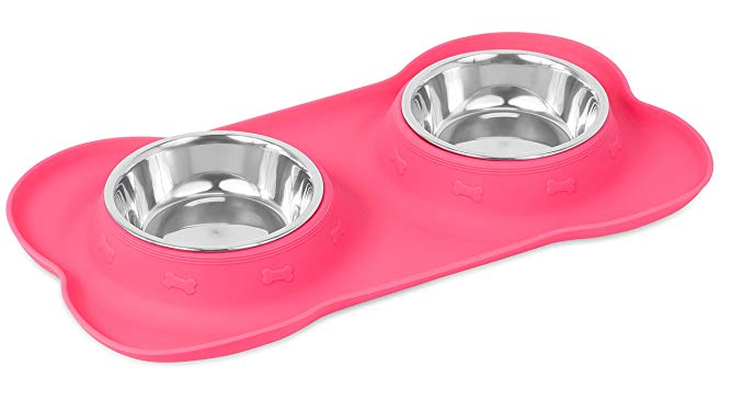 Internet's Best Bone Dog Bowl Set | Double Stainless Steel Pet Food Water Bowls | No Spill Silicone Stand