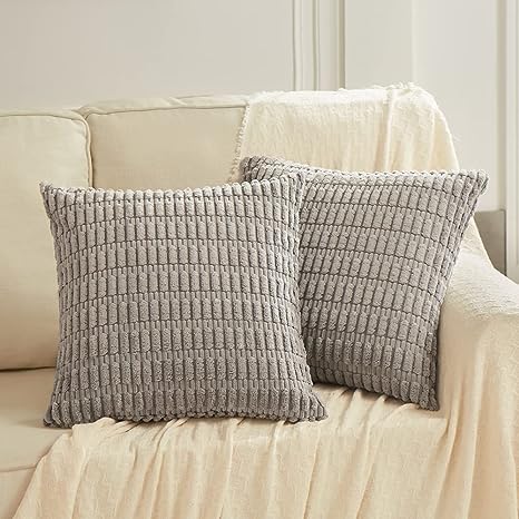 Fancy Homi 2 Packs Gray Farmhouse Decorative Throw Pillow Covers 18x18 Inch for Living Room Couch Bed Sofa, Rustic Boho Home Decor, Soft Striped Corduroy Square Cushion Case 45x45 cm