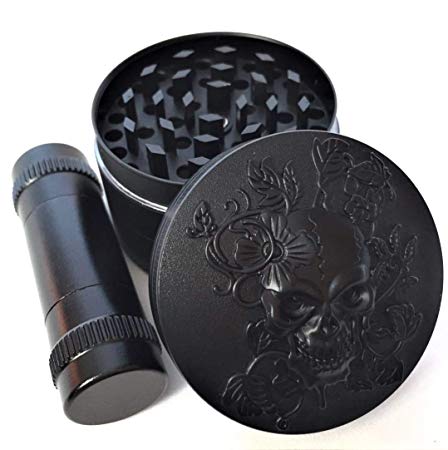 KW Collection Zinc Alloy Spice Grinder Black 2"/50mm 4 Piece with Free Pollen Presser and Pollen Catcher with Skull Head Designed on Top