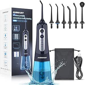 Cordless Water Dental Flosser Teeth Cleaner, INSMART Professional 300ML Tank DIY Mode USB Rechargeable Dental Oral Irrigator for Home and Travel, IPX7 Waterproof 4 Modes Irrigate for Oral Care Blue