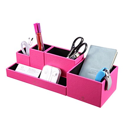 VPACK Leatherette 5-Compartment Multifunctional DIY Office Desk Organizer,Desktop Stationery Storage Box, Card/Pen/Pencil/Mobile Phone/Remote Control Holder, Assorted Color (Fuchsia Pink)