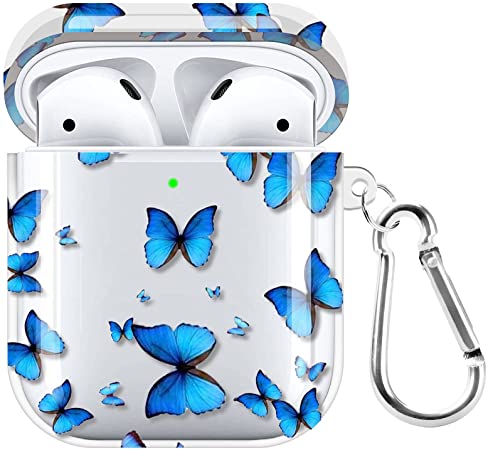 POKABOO for AirPods Case, Clear Soft TPU Protective Cover Case for AirPods 2 & 1 Wireless Charging Case AirPods Accessories Skin Cover with Keychain Airpods Case for Women/Girl (Blue Butterfly)