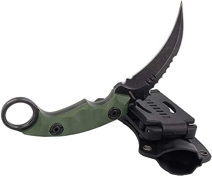 Masalong Outdoor Survival claw Tactical teeth Knife Double edged sharp Fixed Blade Knife With Sheath (5CR Black Stone wash Green handle)