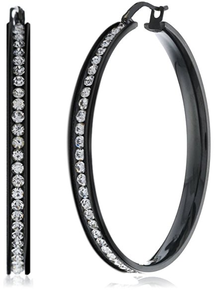 FUNRUN JEWELRY Womens Black Stainless Steel Cubic Zirconia Hoop Earrings 35-55mm
