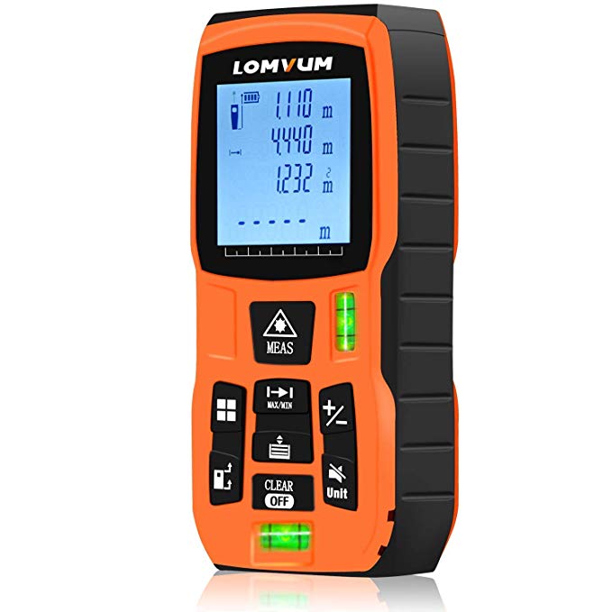 LOMVUM Laser Measure 165Ft Mute Laser Distance Meter with 2 Bubble Levels, LCD Backlit Display and Measure Distance, Area and Volume, Pythagorean Mode Battery Included