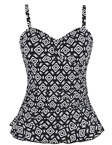 Hilor Women's 50's Retro Ruched Tankini Swimsuit Top with Ruffle Hem