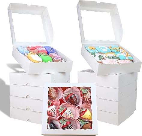 50pcs 8x8x2 Inches Bakery Boxes with Window Cookies Boxes Chocolate Covered Strawberries Boxes Cakesicle Boxes for Christmas Valentine's Halloween Easter Father's Mother's Day