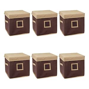 Amazon Brand - Solimo Fabric Storage Box with Lid, Large, Set of 6, Beige and Brown