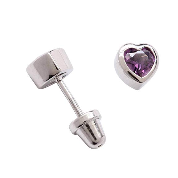 Girls' Sterling Silver CZ Simulated Birthstone Heart Earrings with Screw Back (6mm)